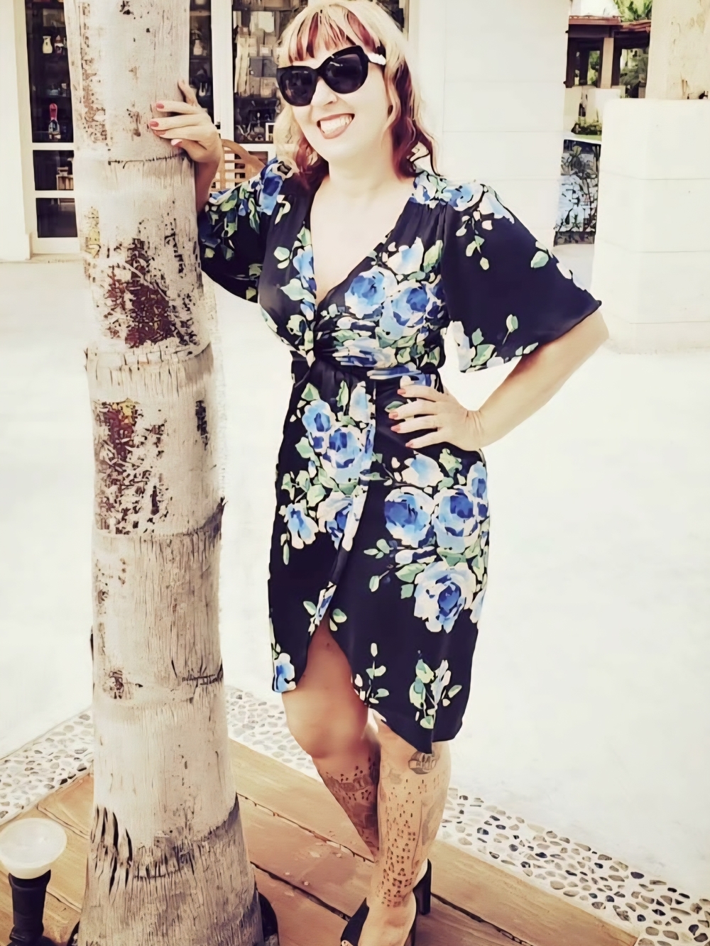 Zara black dress with blue and green floral pattern